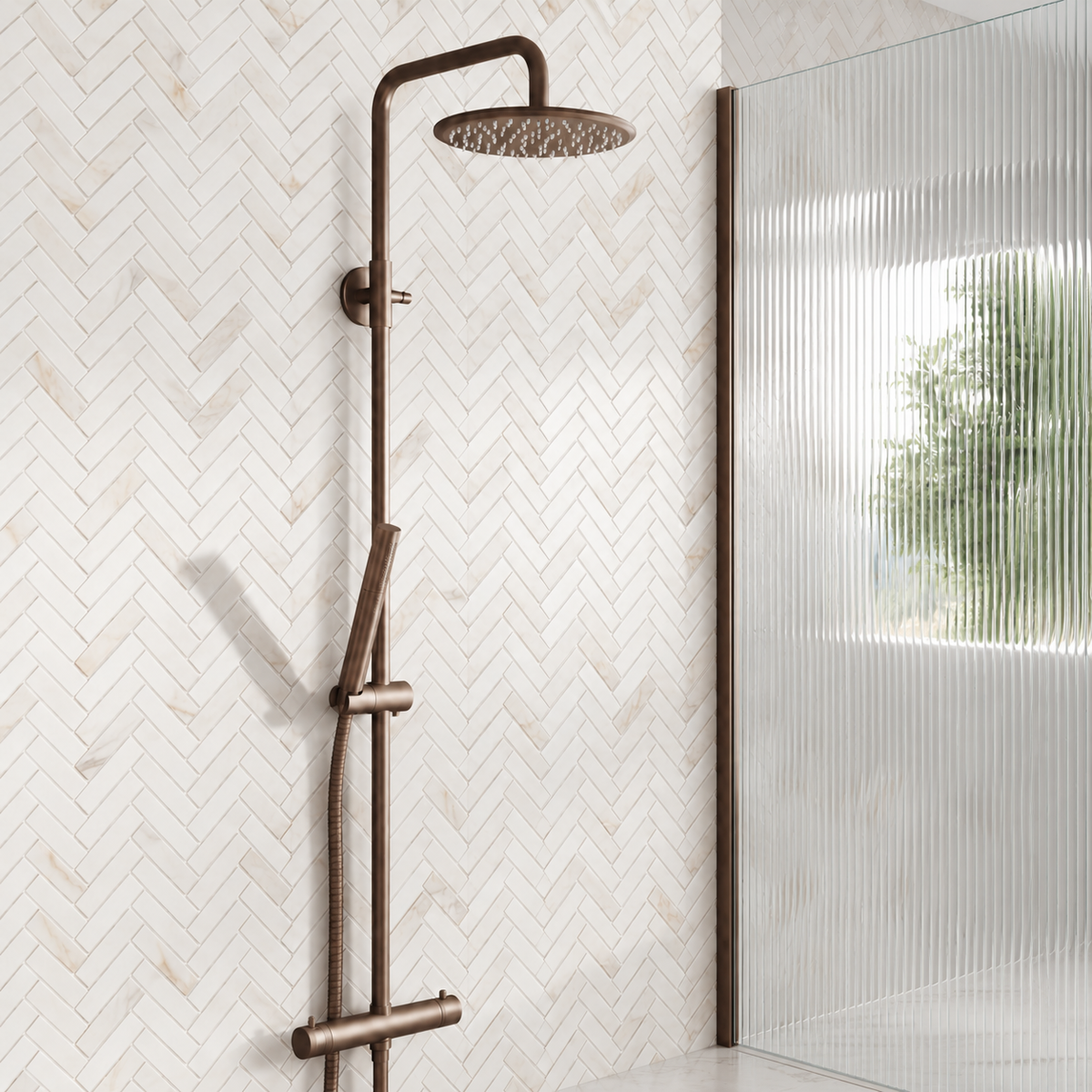 Scudo Core brushed bronze rigid riser shower beside a fluted wetroom screen