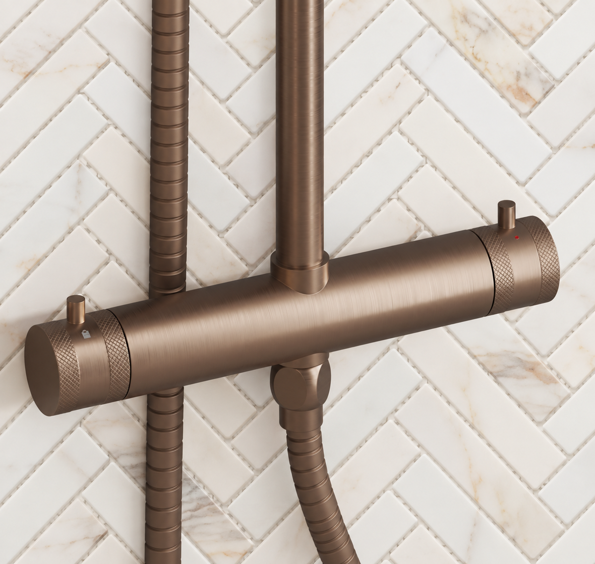 Scudo Core brushed bronze thermostatic bar valve and shower hose detail