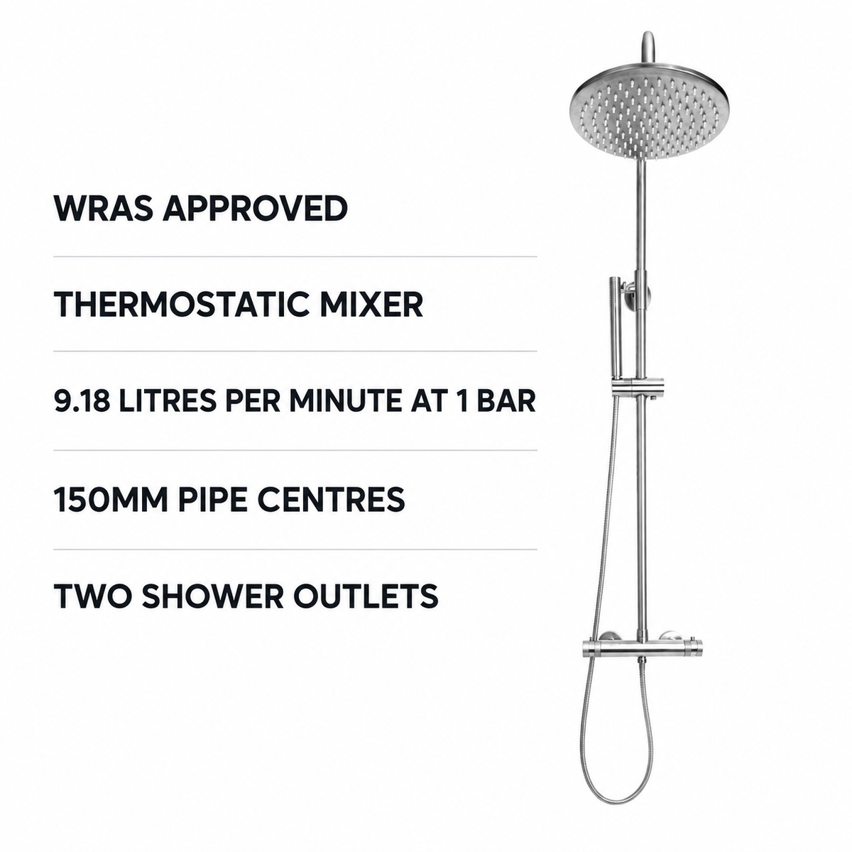 Scudo Core rigid riser shower features including WRAS approval and two outlets
