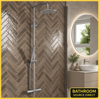 Scudo Core chrome thermostatic rigid riser shower with espresso herringbone tiles