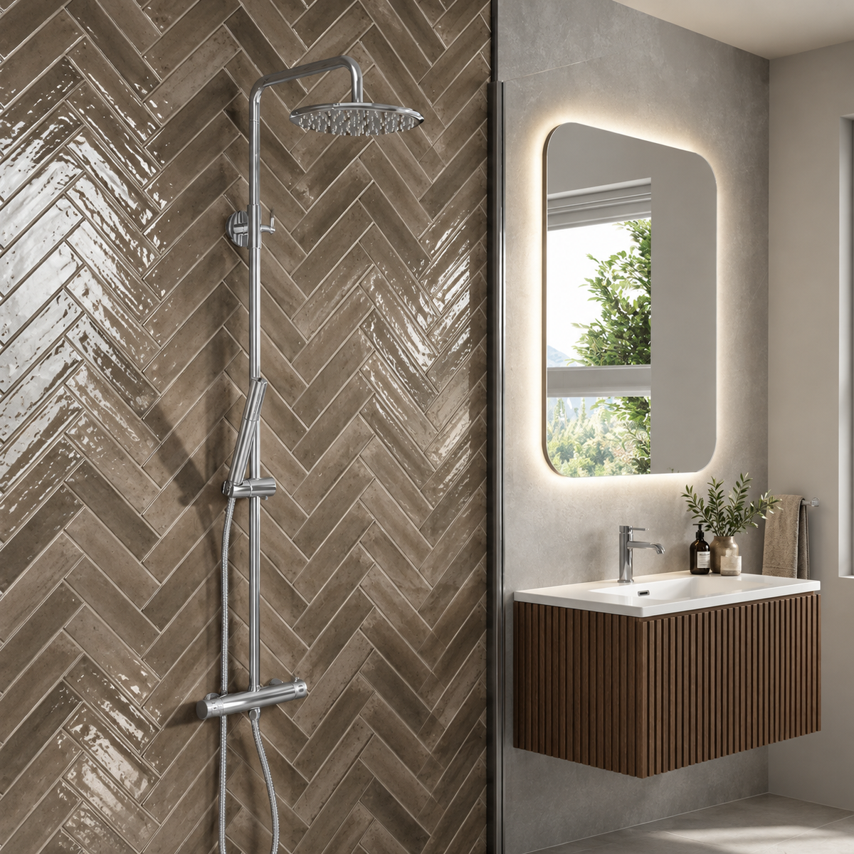Scudo Core chrome rigid riser shower installed beside a wall hung vanity
