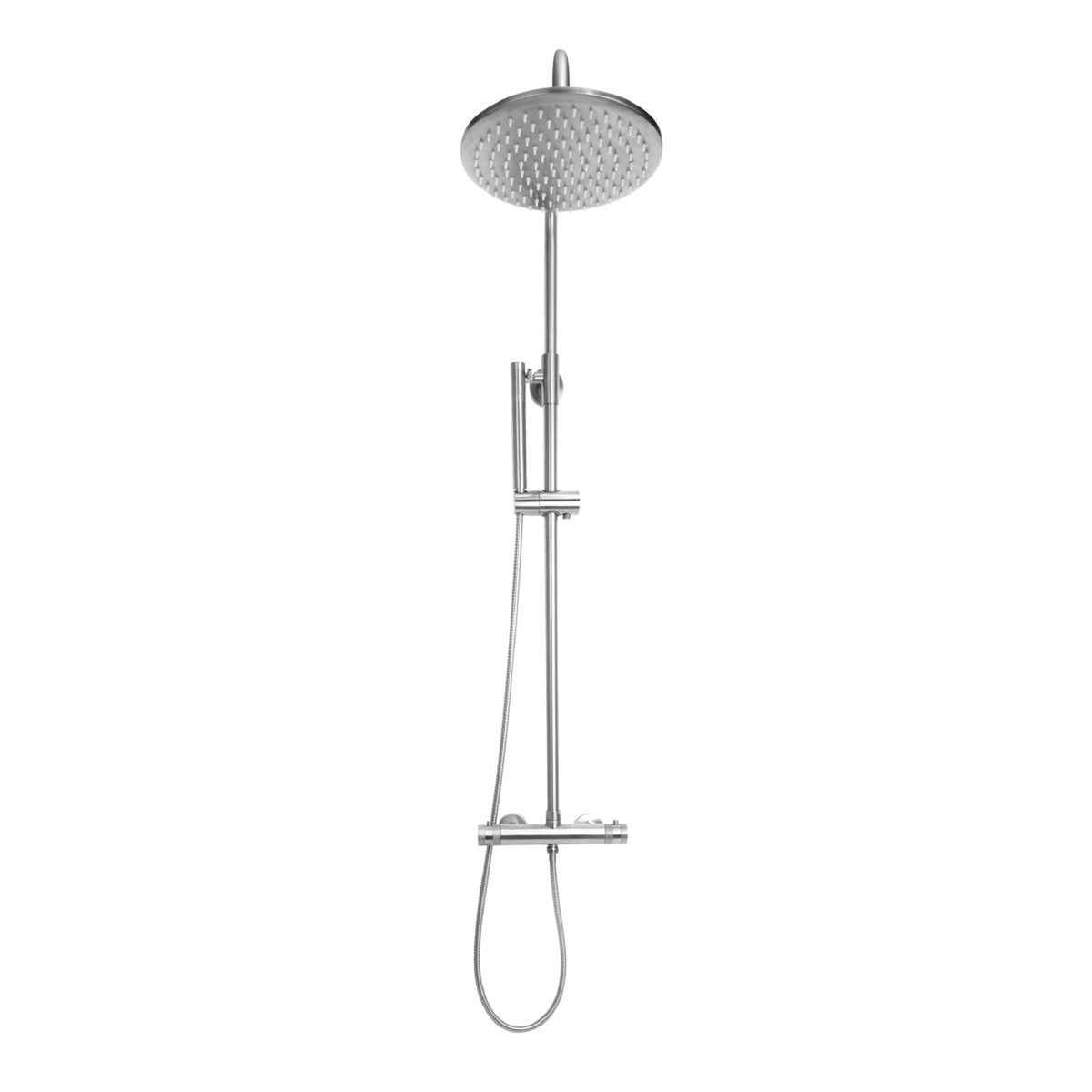 Scudo Core chrome thermostatic rigid riser shower with overhead head and handset