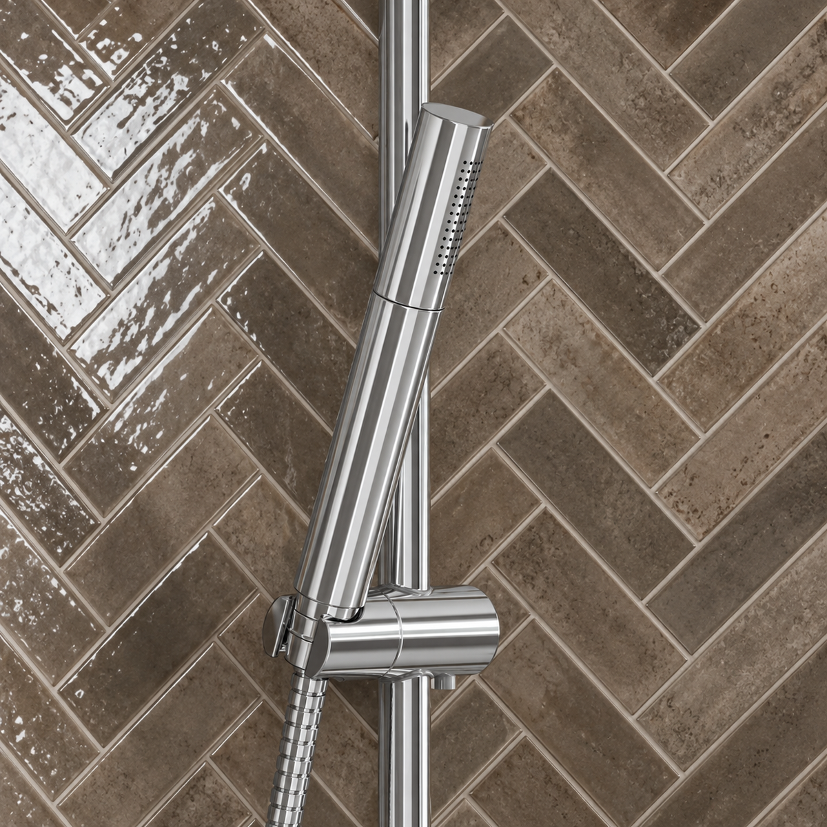 Close up of the Scudo Core slim chrome handset and adjustable holder