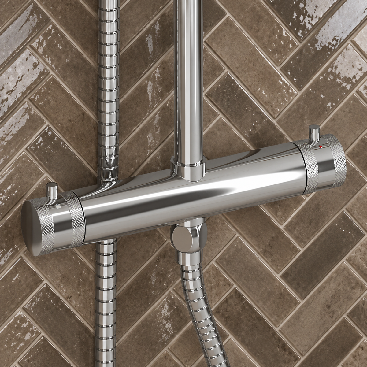 Close up of the Scudo Core chrome thermostatic bar valve and controls