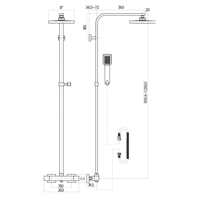 Technical dimensions diagram of Scudo Elliot square shower riser kit