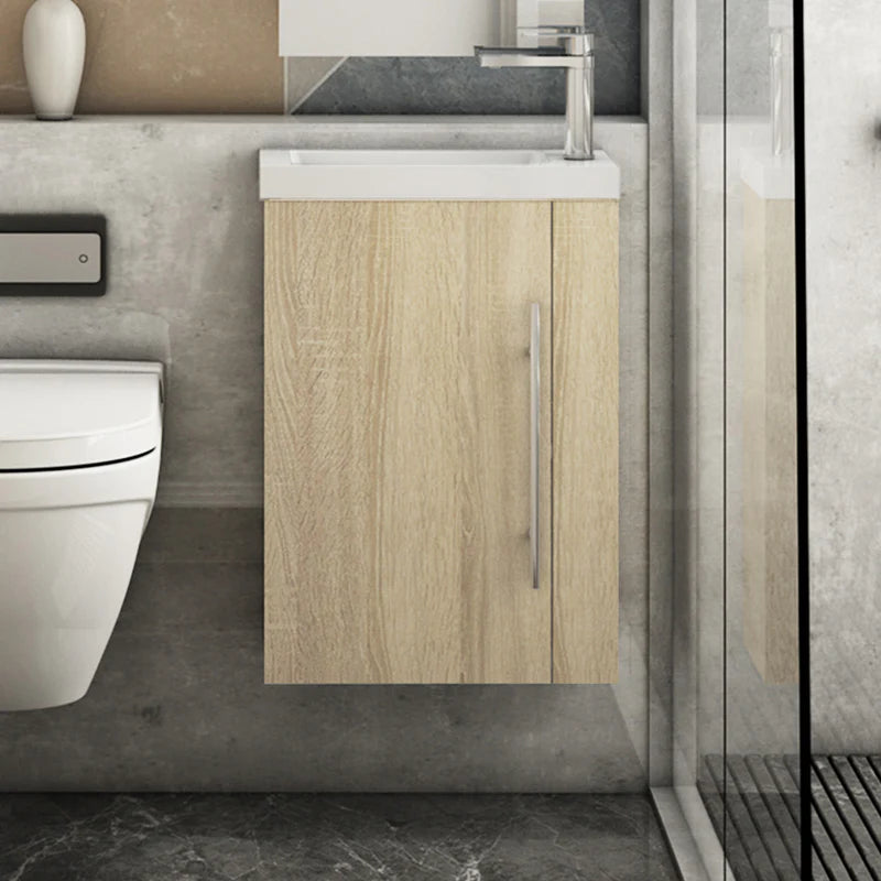 Sila 450mm oak wall hung vanity unit with basin installed in modern cloakroom bathroom