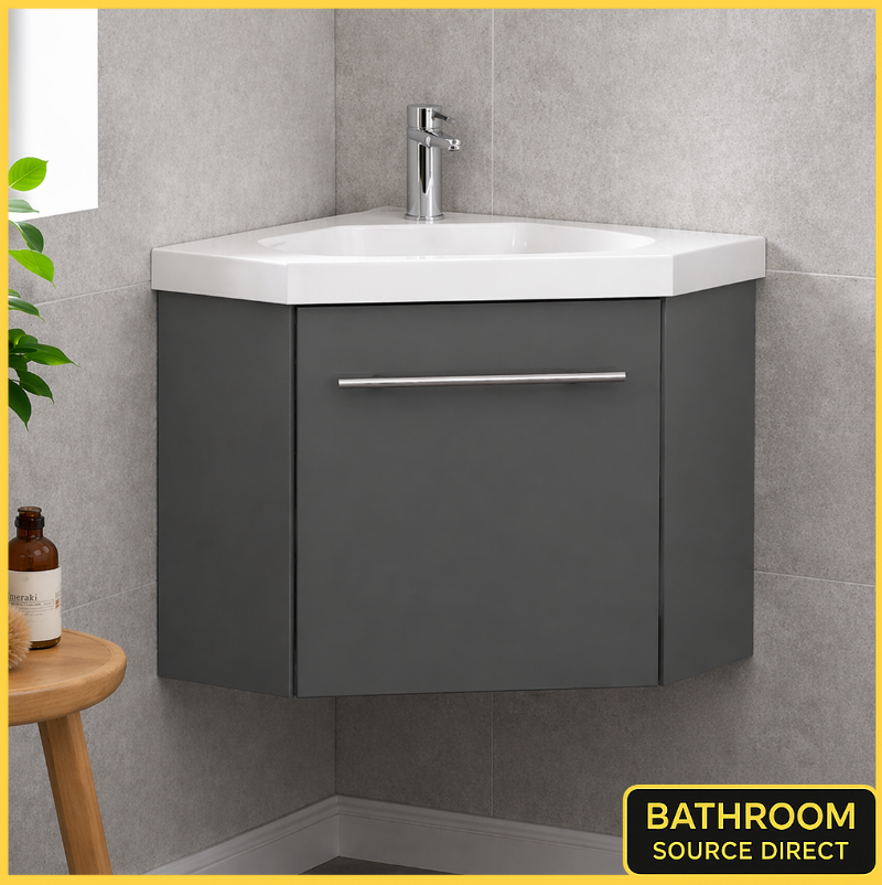 Sila matt grey 400mm corner cloakroom vanity unit with resin basin wall hung compact bathroom unit