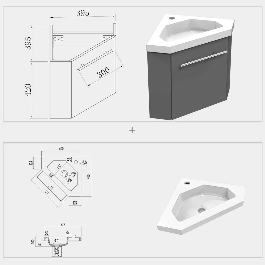 Sila matt grey 400mm corner cloakroom vanity unit with resin basin showing detailed technical dimensions and measurements