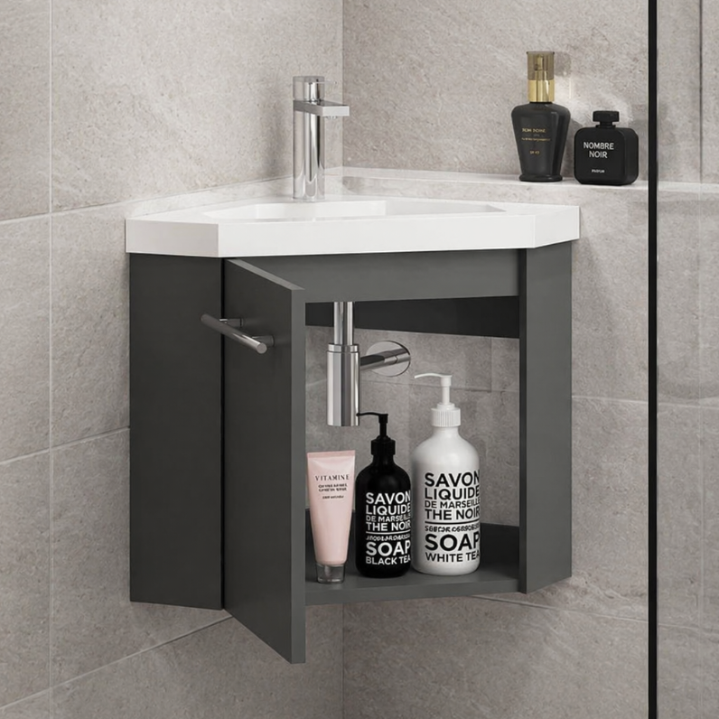 Sila matt grey 400mm corner cloakroom vanity unit with resin basin showing open storage in modern grey tile bathroom setting