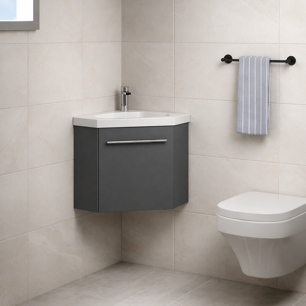 Sila matt grey 400mm corner cloakroom vanity unit with resin basin wall hung bathroom unit in light tile bathroom setting with matching toilet