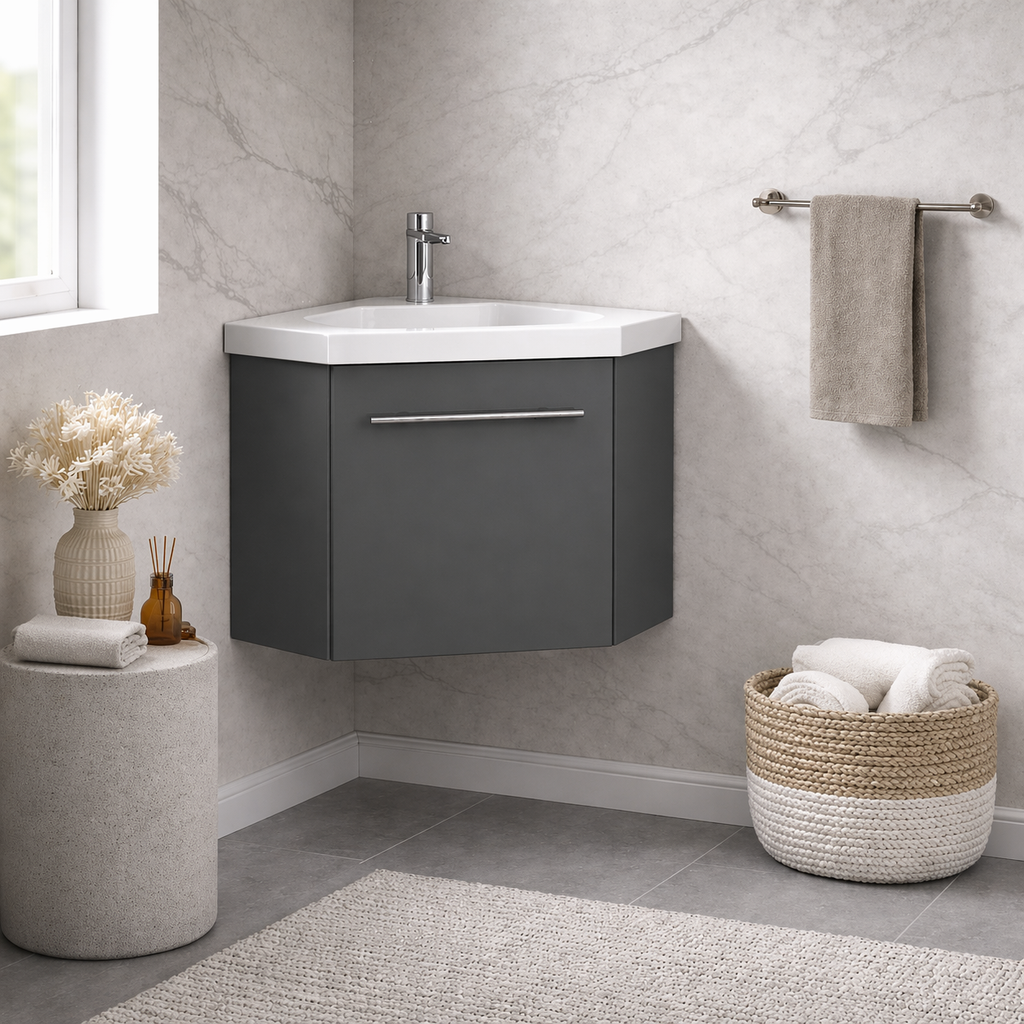 Sila matt grey 400mm corner cloakroom vanity unit with resin basin wall hung bathroom unit in marble bathroom setting