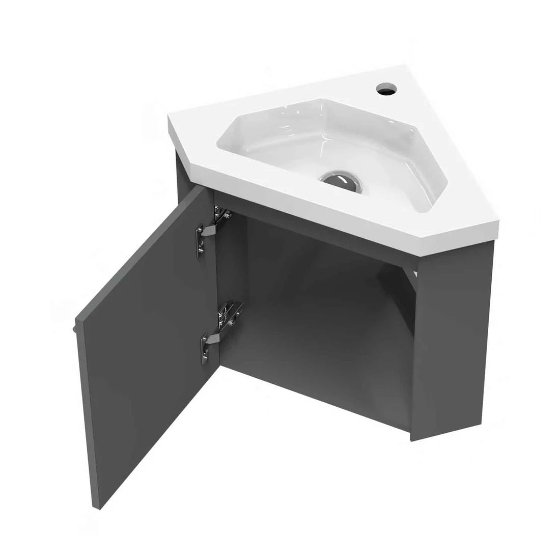 Sila matt grey 400mm corner cloakroom vanity unit with resin basin showing internal storage space and soft close door