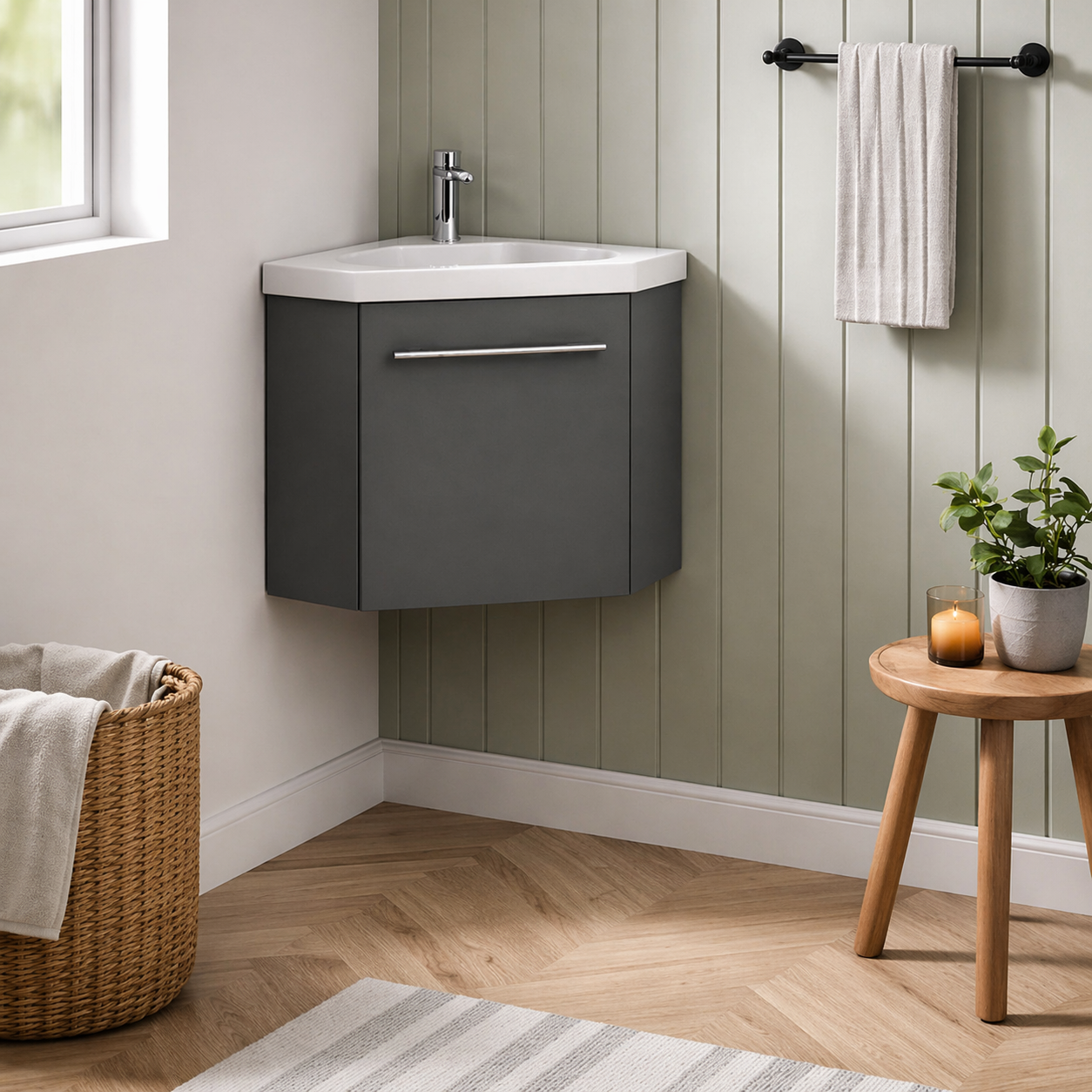 Sila matt grey 400mm corner cloakroom vanity unit with resin basin wall hung bathroom unit in sage green bathroom setting