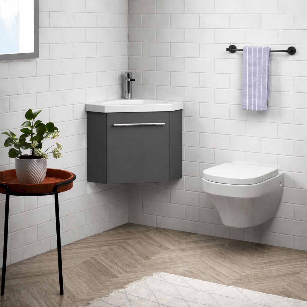 Sila matt grey 400mm corner cloakroom vanity unit with resin basin wall hung bathroom unit in subway tile bathroom with wood effect floor and matching toilet