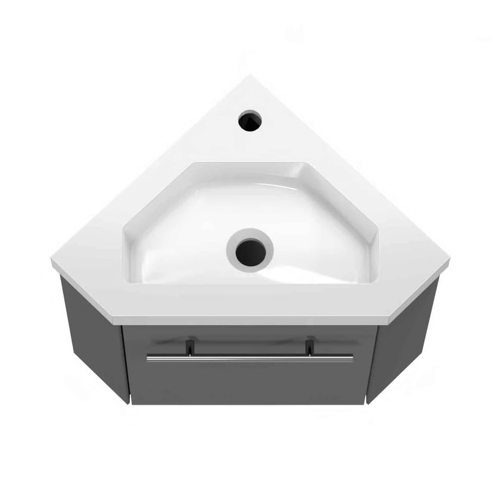 Sila matt grey 400mm corner cloakroom vanity unit with resin basin top view showing basin shape and tap hole