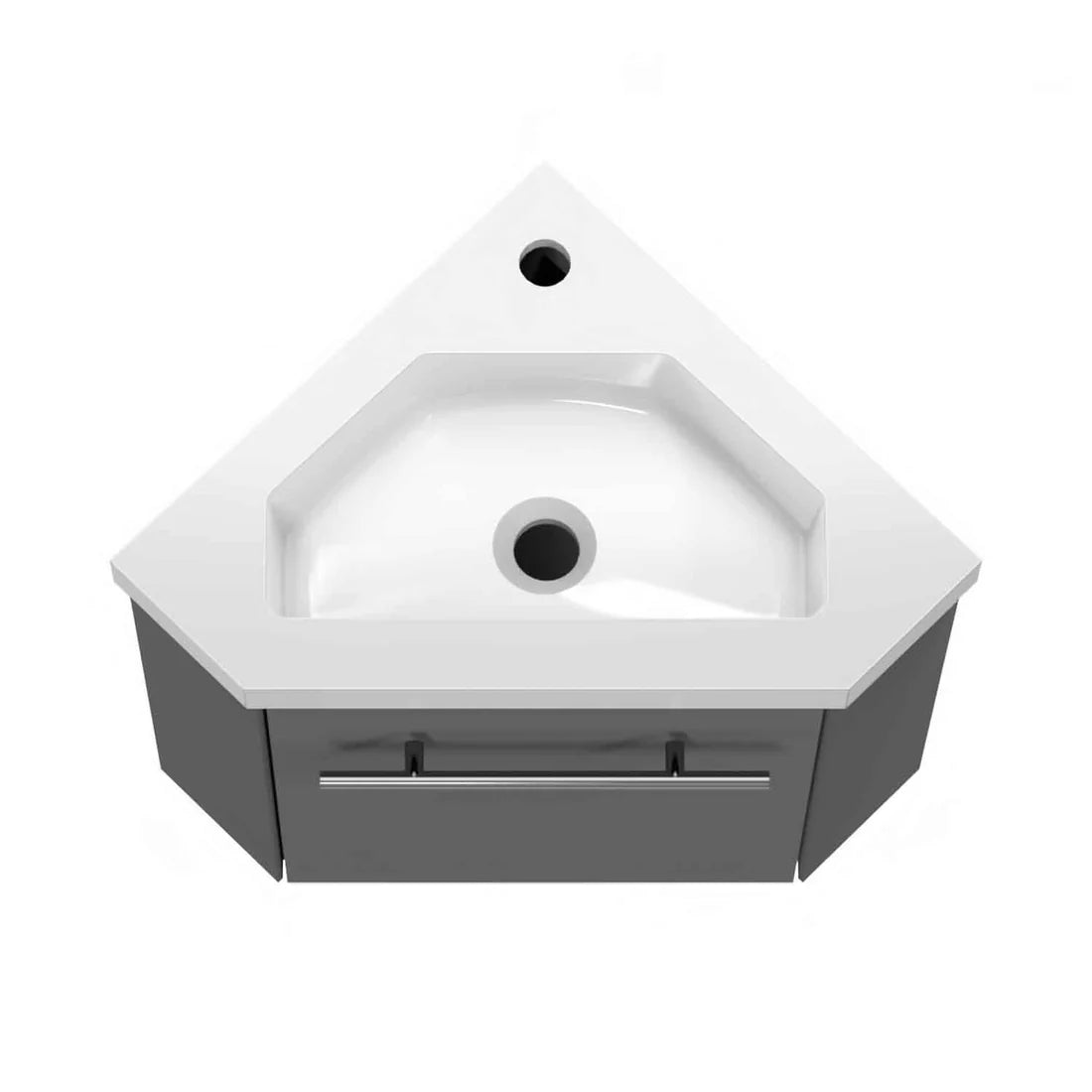 Sila matt grey 400mm corner cloakroom vanity unit with resin basin top view showing basin shape and tap hole