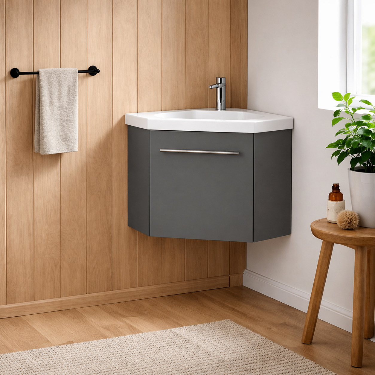 Sila matt grey 400mm corner cloakroom vanity unit with resin basin wall hung bathroom unit in wood panel bathroom setting