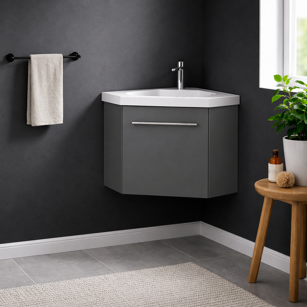 Sila matt grey 400mm corner cloakroom vanity unit with resin basin wall hung compact bathroom unit