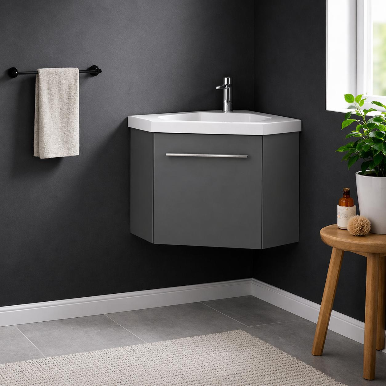 Sila matt grey 400mm corner cloakroom vanity unit with resin basin wall hung compact bathroom unit