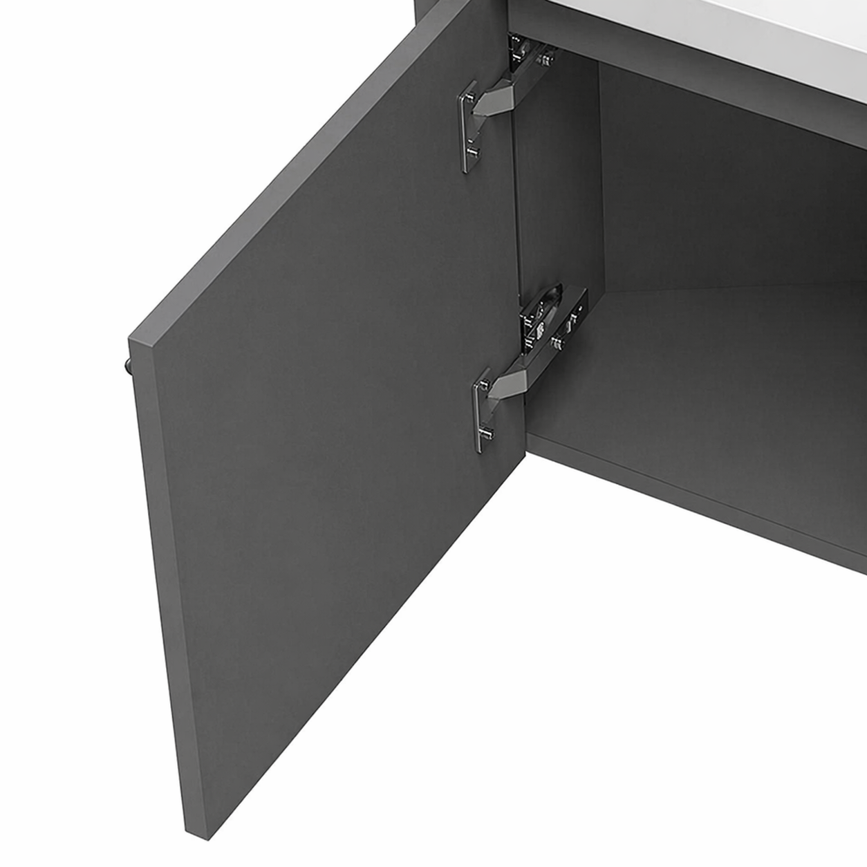 Sila matt grey 400mm corner cloakroom vanity unit showing soft close door hinges and internal cabinet detail