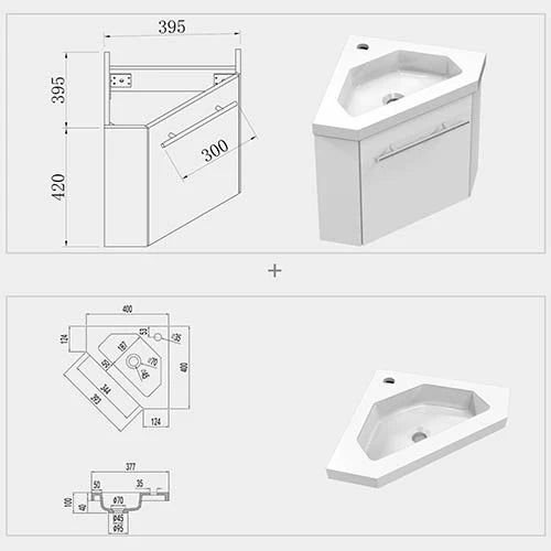 Sila matt white 400mm corner cloakroom vanity unit with resin basin showing detailed technical dimensions and measurements