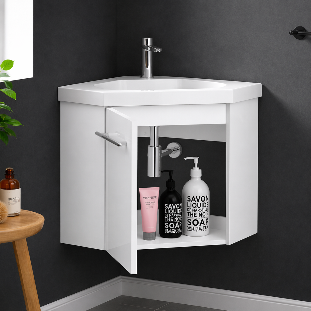 Sila matt white 400mm corner cloakroom vanity unit with resin basin showing open storage in modern grey tile bathroom setting