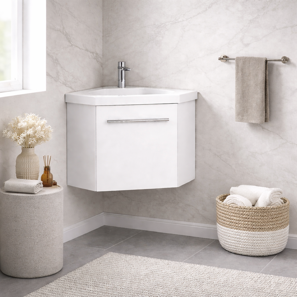 Sila matt white 400mm corner cloakroom vanity unit with resin basin wall hung bathroom unit in marble bathroom setting