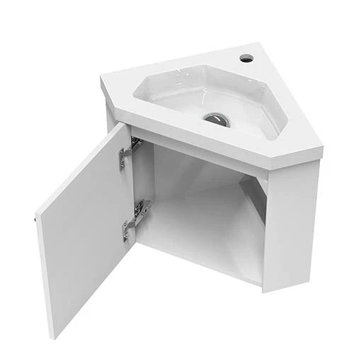 Sila matt white 400mm corner cloakroom vanity unit with resin basin showing internal storage space and soft close door