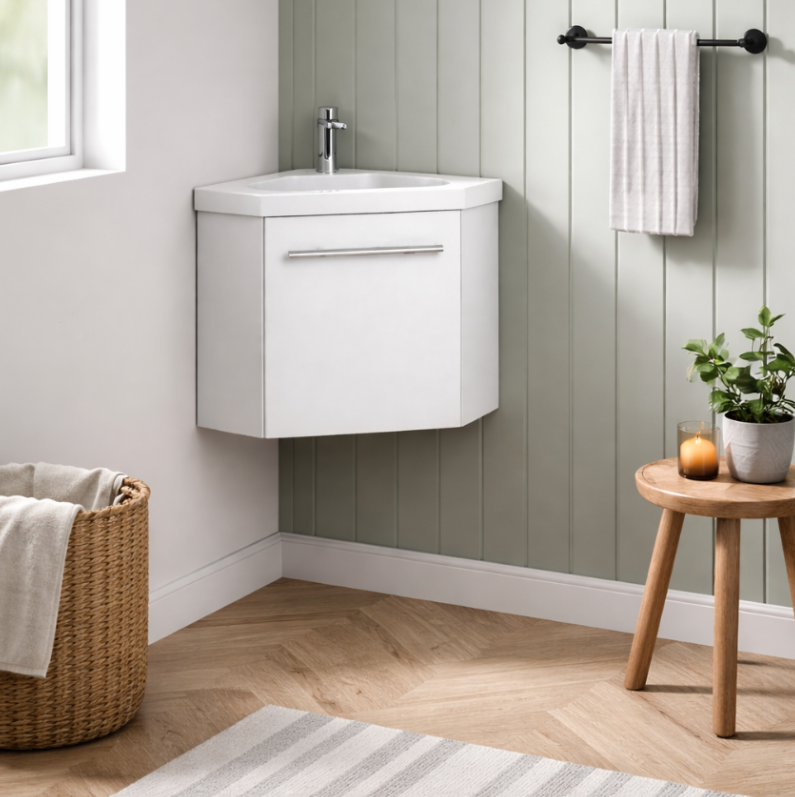 Sila matt white 400mm corner cloakroom vanity unit with resin basin wall hung bathroom unit in sage green bathroom setting