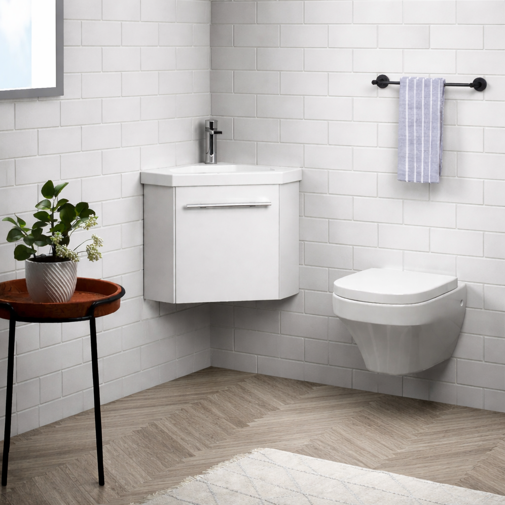 Sila matt white 400mm corner cloakroom vanity unit with resin basin wall hung bathroom unit in subway tile bathroom with wood effect floor and matching toilet