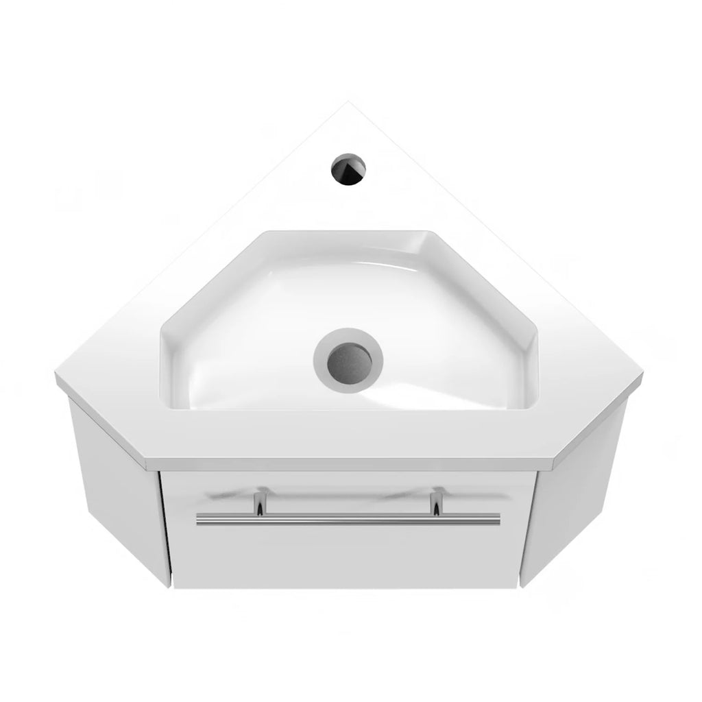 Sila matt white 400mm corner cloakroom vanity unit with resin basin top view showing basin shape and tap hole
