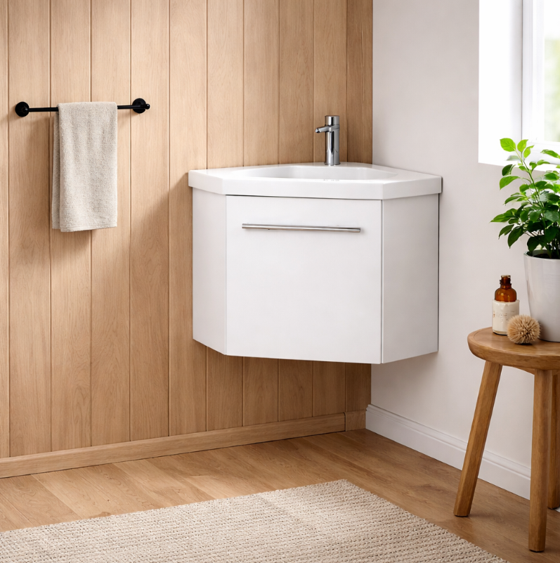 Sila matt white 400mm corner cloakroom vanity unit with resin basin wall hung bathroom unit in wood panel bathroom setting