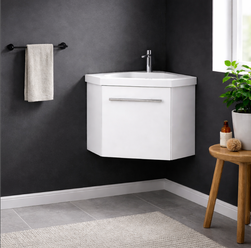 Sila matt white 400mm corner cloakroom vanity unit with resin basin wall hung compact bathroom unit