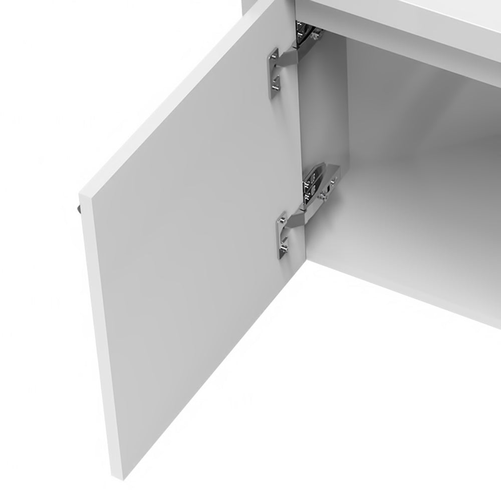 Sila matt white 400mm corner cloakroom vanity unit showing soft close door hinges and internal cabinet detail