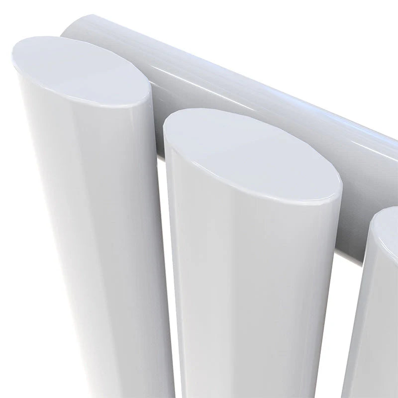 Close-up of a white radiator with cylindrical fins on a white background