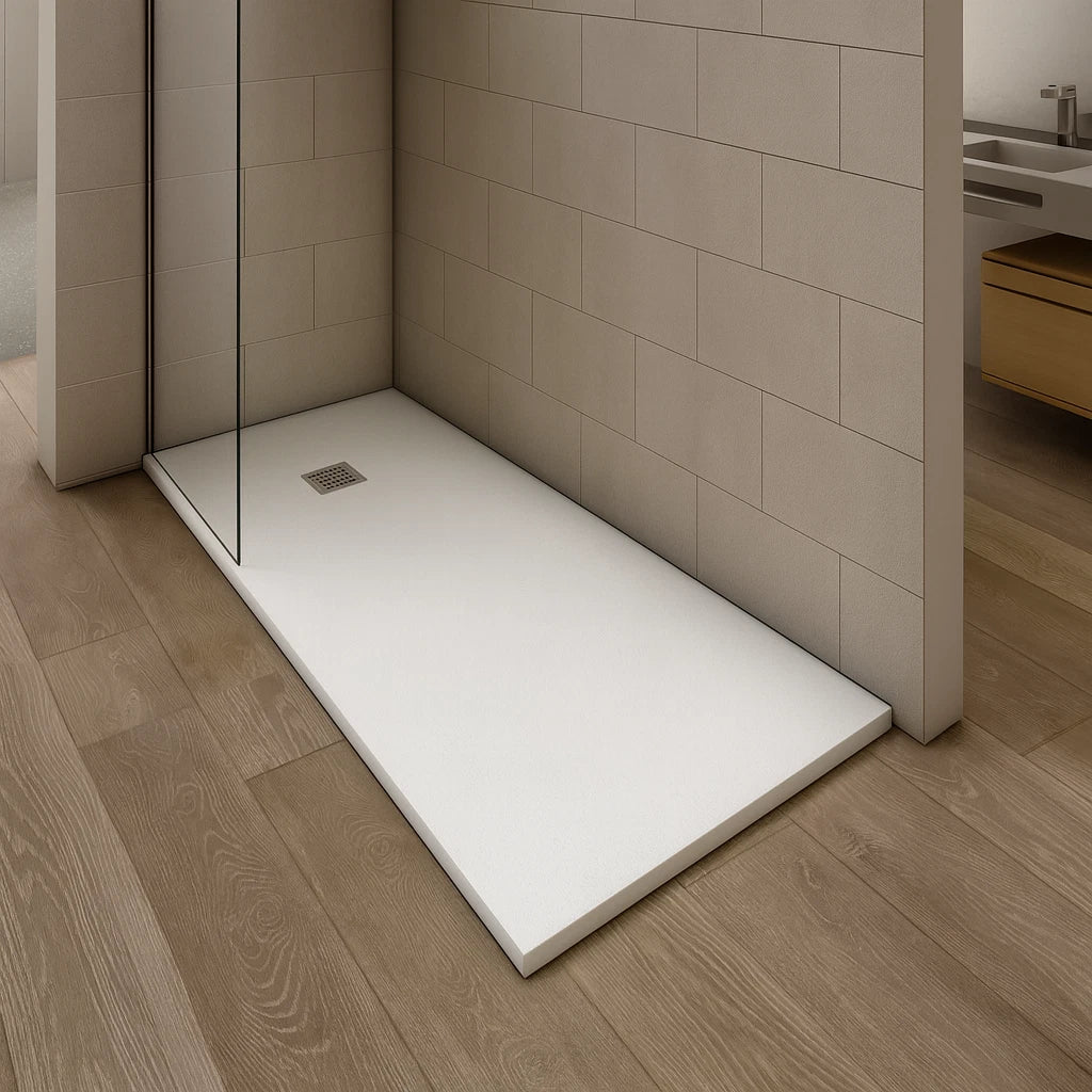 1700mm white slate shower tray installed in contemporary bathroom with wall tiles