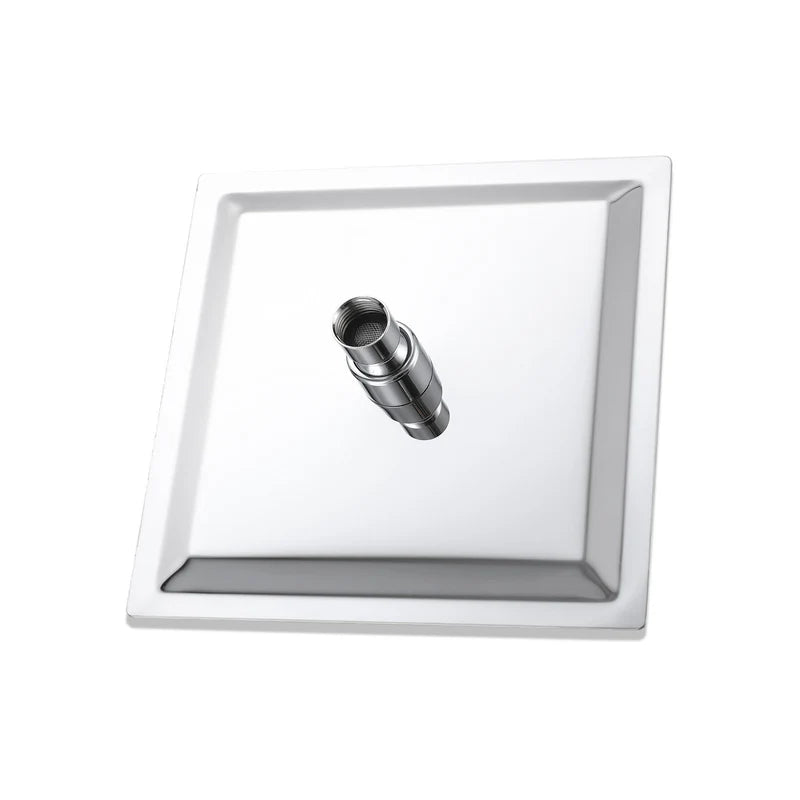 Square chrome drencher shower head mounted overhead with rainfall spray