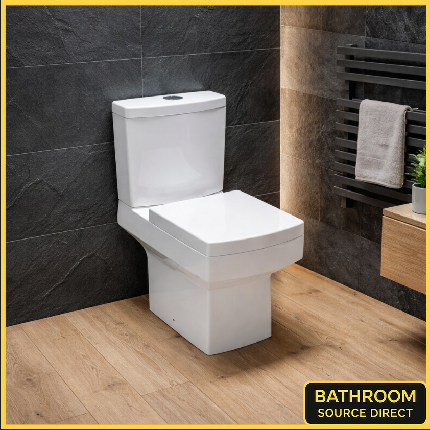 Square close coupled toilet with soft close seat in modern bathroom with black slate wall and oak flooring