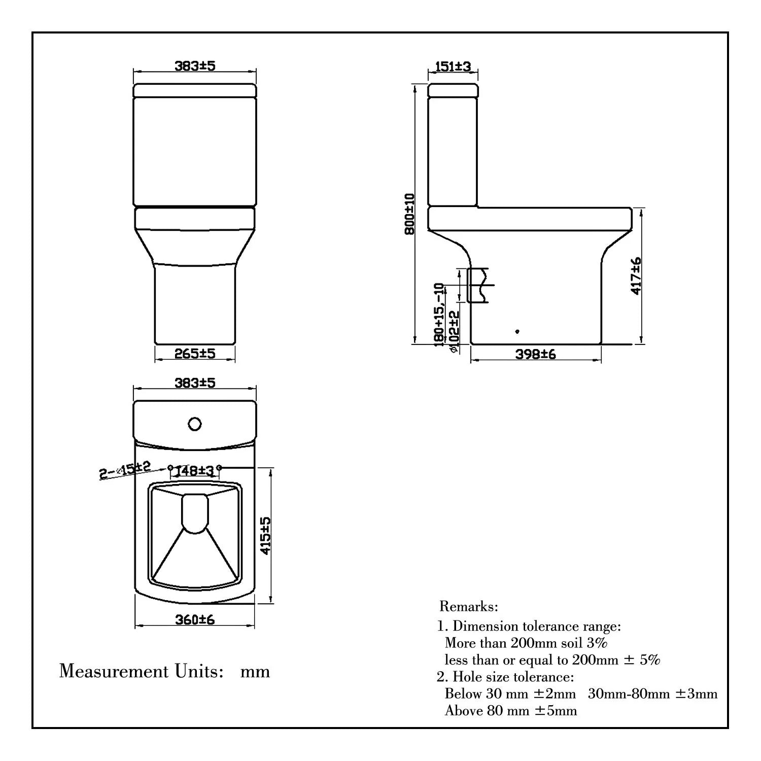 Technical drawing showing dimensions of square close coupled toilet including width depth height and waste position