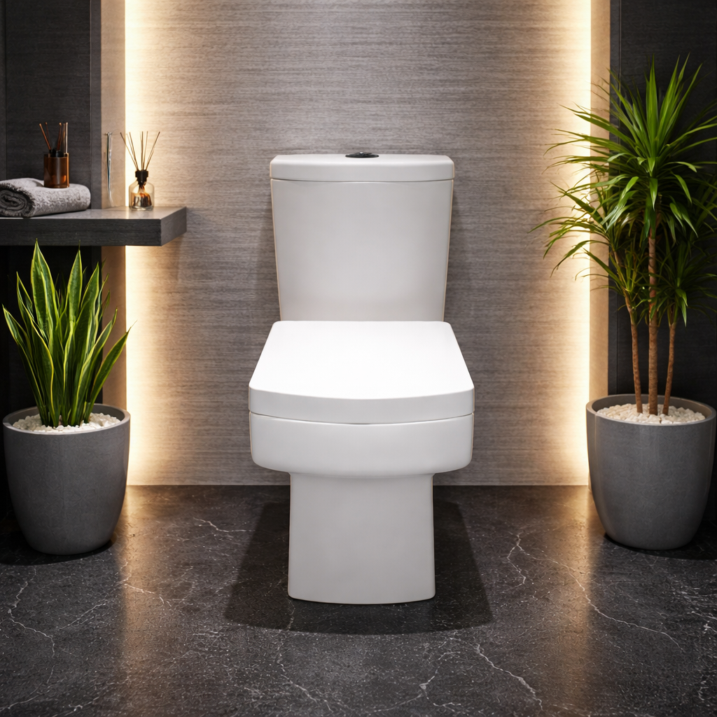 Square close coupled toilet with soft close seat in modern bathroom with LED backlit wall and decorative plants