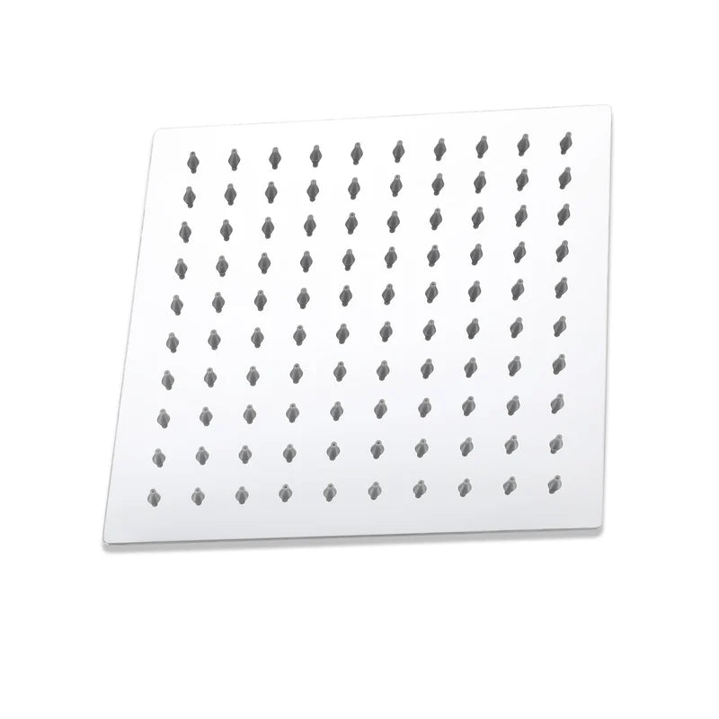 Square chrome rainfall shower head with evenly spaced spray nozzles