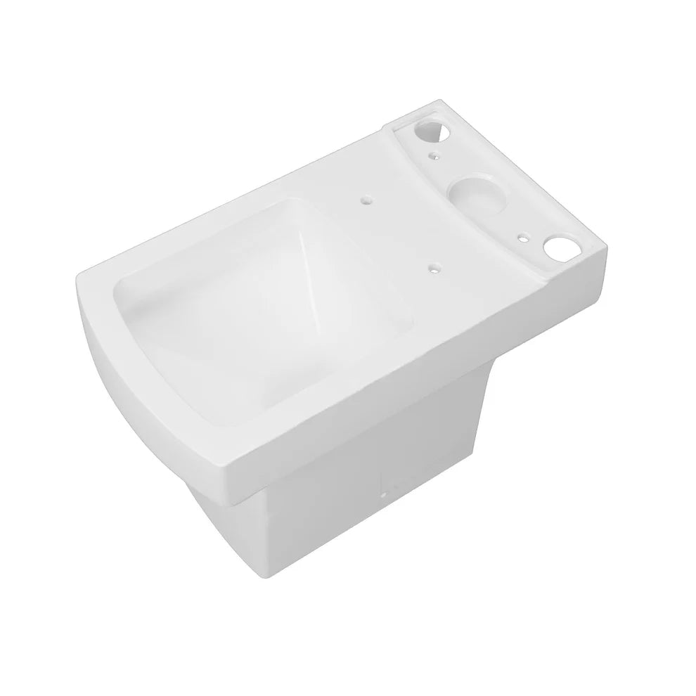 Top view of square toilet pan showing fixing points and inlet positions