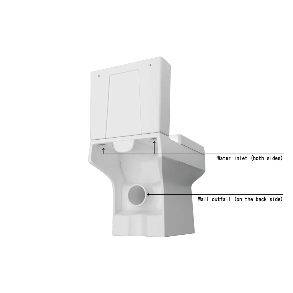 Square toilet showing water inlet on both sides and rear wall outlet connection