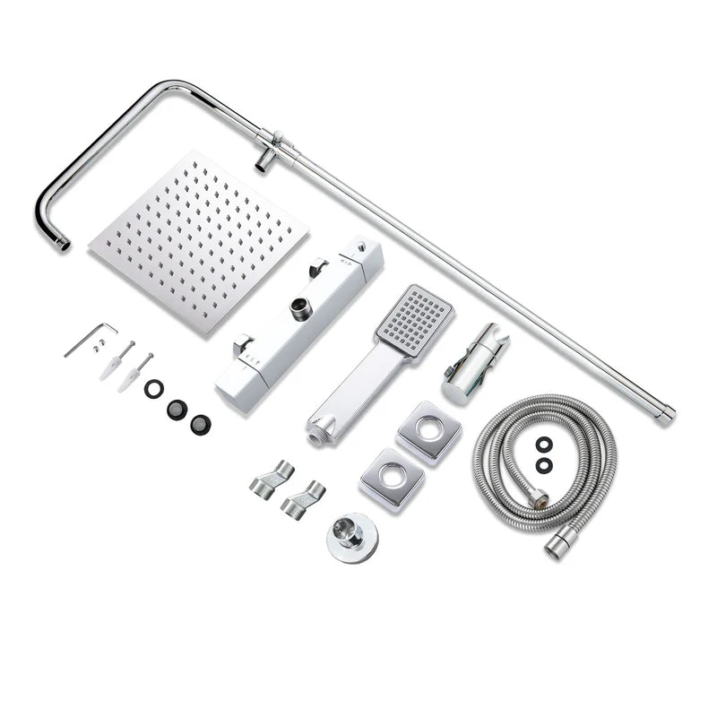 Chrome square thermostatic shower riser kit showing all components and fittings
