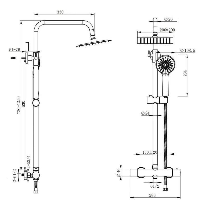 Technical dimensions diagram of Tara square thermostatic shower riser kit
