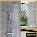 Tara square thermostatic shower riser kit in chrome with rainfall head in modern bathroom