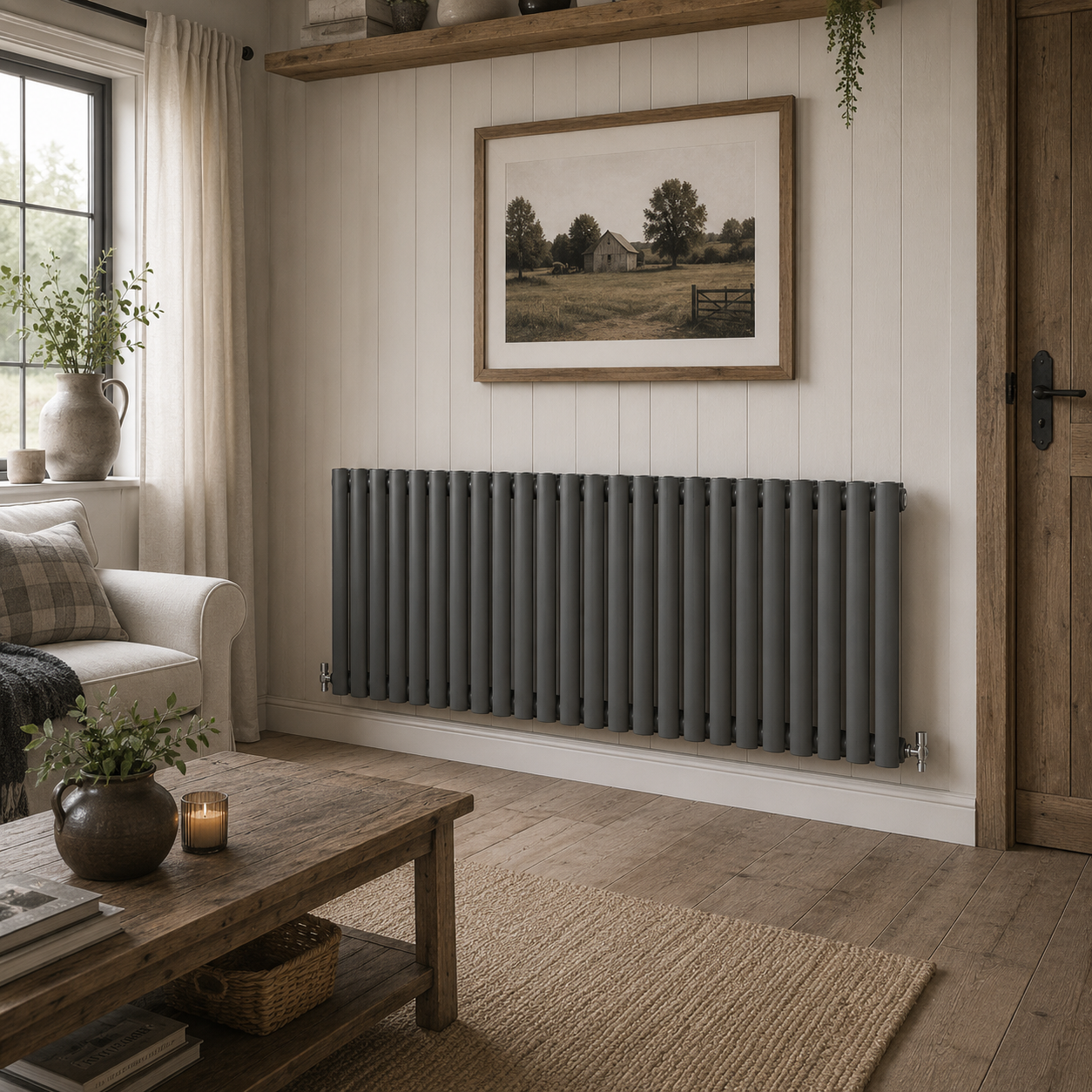 Anthracite Thermwell horizontal column radiator 600x1416 in a farmhouse style living room