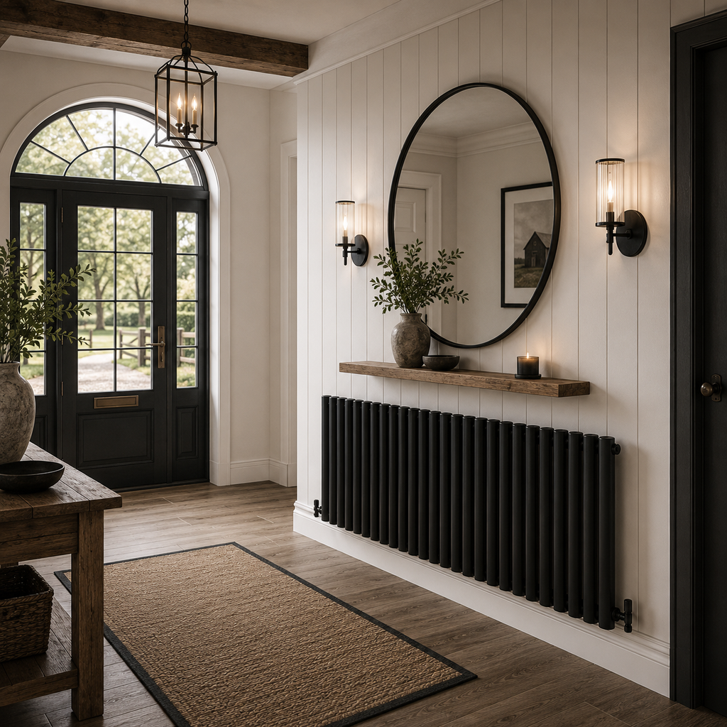 Black Thermwell horizontal column radiator 600x1416 installed in a luxury hallway entrance