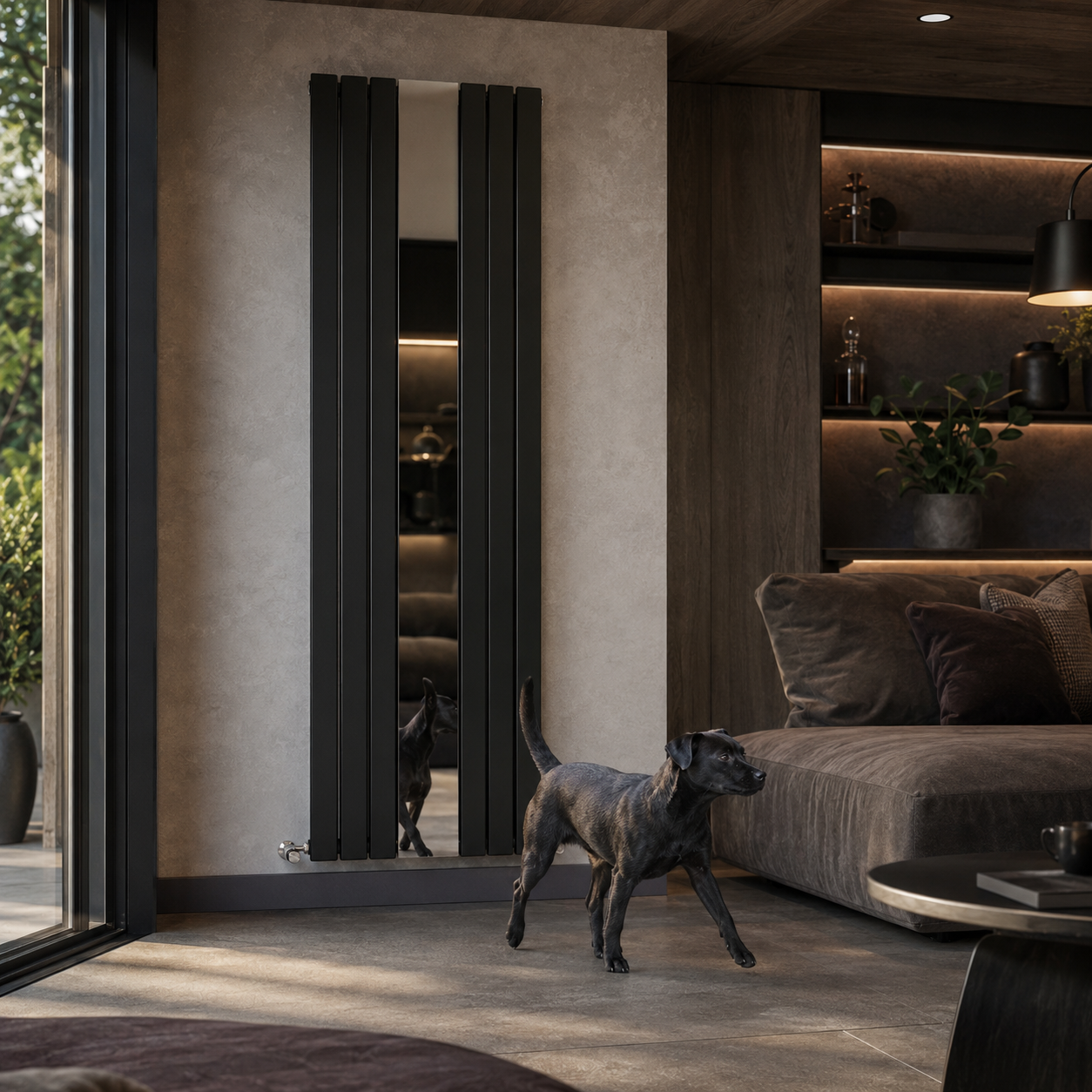 living-room.jpg
Thermwell black mirrored vertical radiator in a modern living room with dog reflection