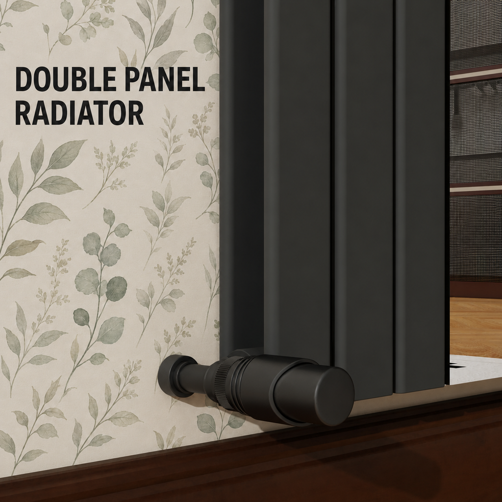 Thermwell matt black double panel vertical radiator construction with matching black valve